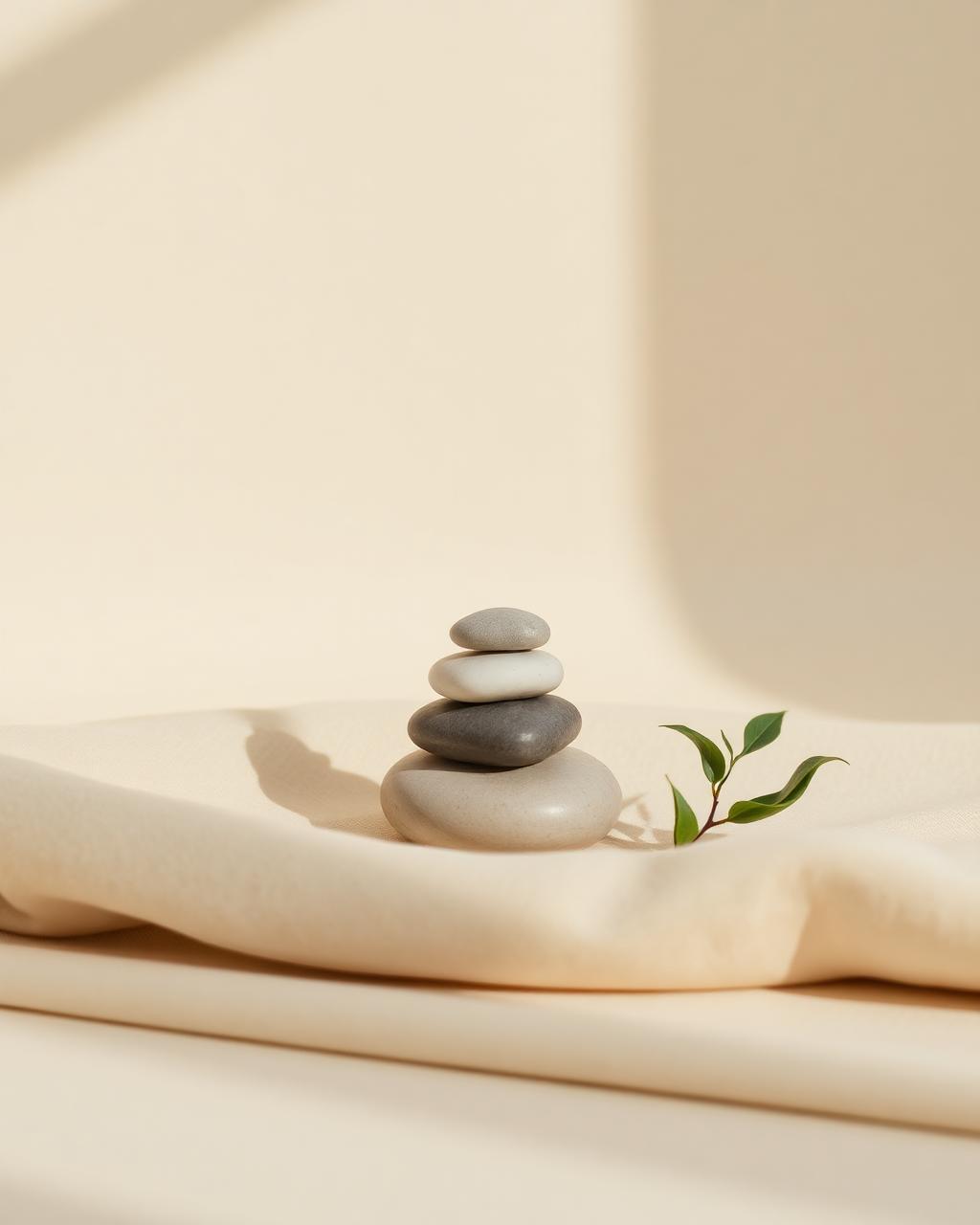 Smooth river stones balanced on warm linen