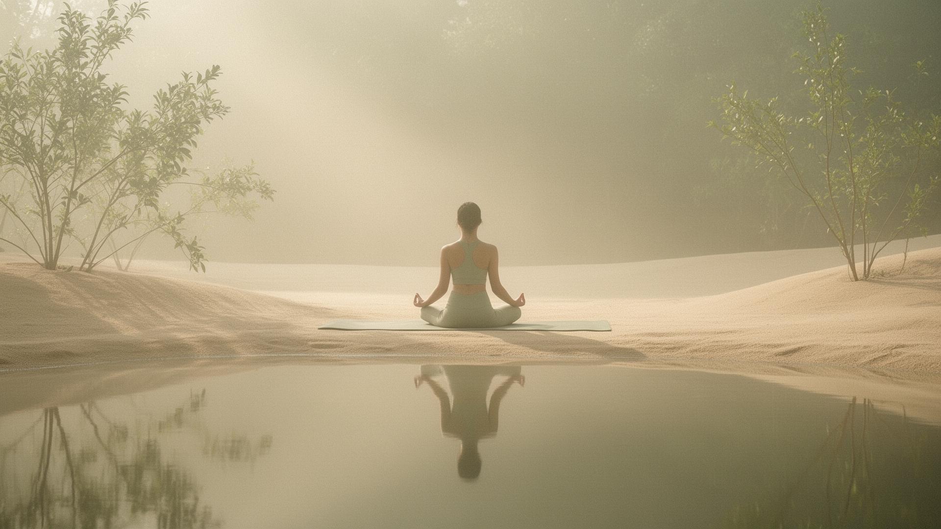 A figure seated in meditation by a still pond at dawn